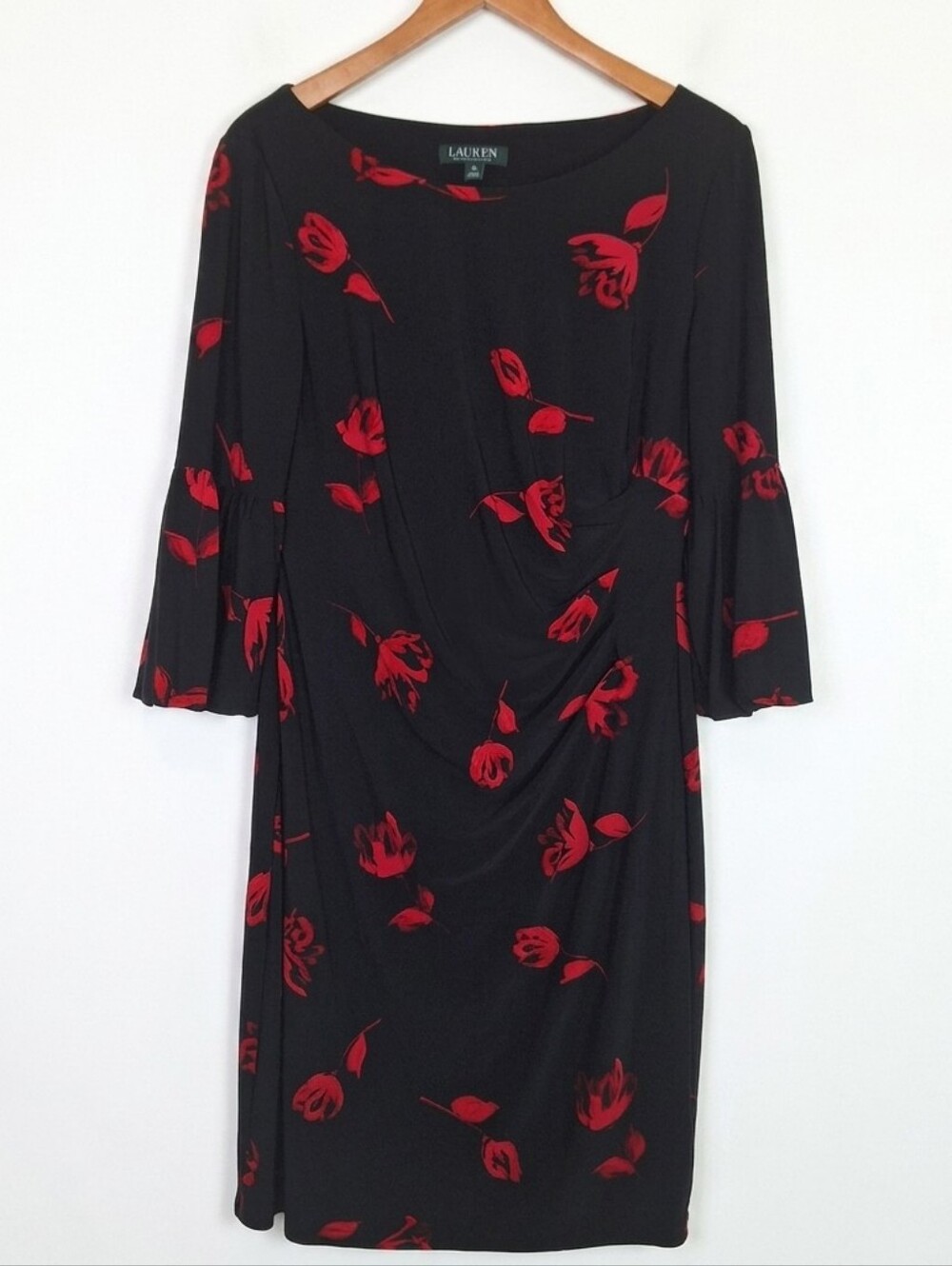 Lauren Ralph Lauren Black Red Floral Bell Sleeve Ruched Sheath Dress Size 12